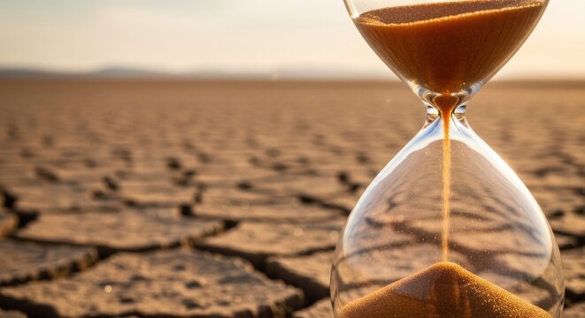 A sand timer counts down the final moments in a barren desert wasteland, a stark metaphor for climate change, global warming, and the urgent environmental crisis.