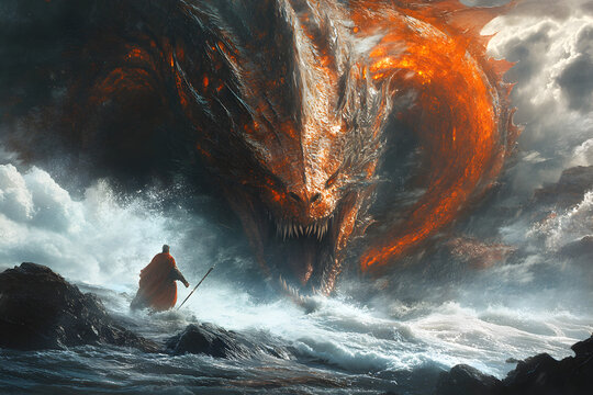 Nordic god Thor striking Midgard Serpent in furious ocean storm during Ragnarok, powerful myth fantasy illustration inspired by Viking legends and mythology art.