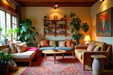 Cozy Living Room With Abundant Plants and Bohemian Decor