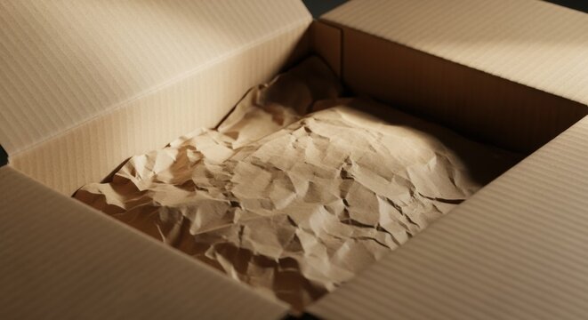 Open Cardboard Box Filled with Brown Packing Paper Secure Shipping and Packaging