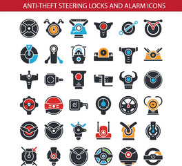 Colorful Car Anti-Theft Steering Lock and Alarm Icon Set
