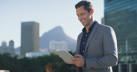 Smile, businessman and city with tablet for research, social media or networking. Man, entrepreneur...