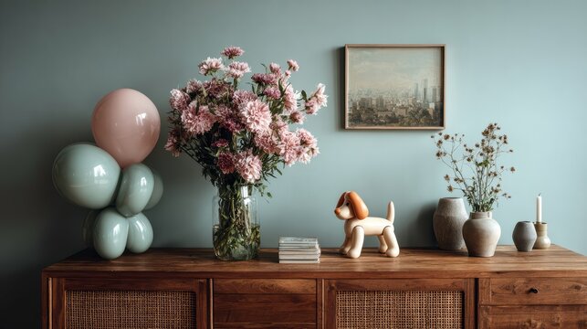 Mesa consola minimalista con flores frescas, una escultura de perro con globo en tonos pastel y elementos de decoraci&oacute;n modernos, frente a una serena pared verde azulado para un toque elegante.