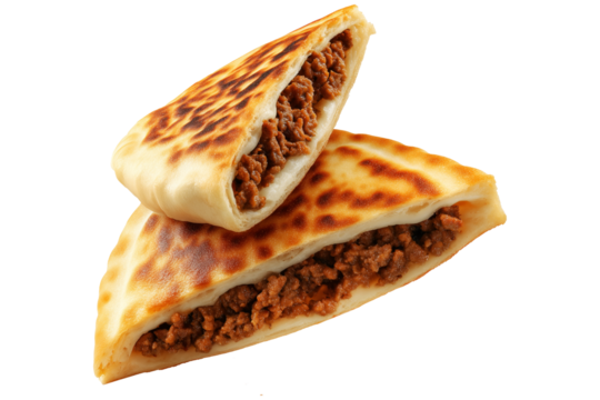 Grilled stuffed flatbread like Arayes pita filled with seasoned minced meat, isolated on white transparent background, concept of traditional Arabic street food