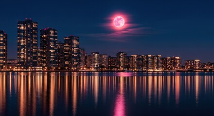 Obraz premium Night City Skyline with Bright Pink Moon Reflected on Water