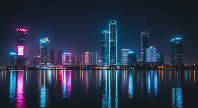Night City Skyline with Illuminated Modern Skyscrapers and Reflections on Water