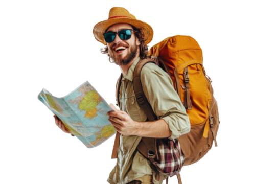 Smiling male traveler reading map outdoors
 - Powered by Adobe