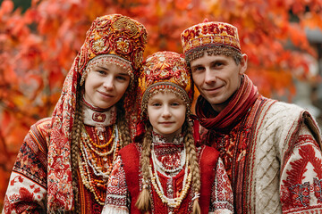 Family wearing traditional mordvin clothing posing outdoors