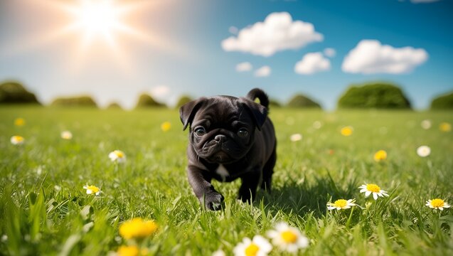 Adorable black pug puppy with shiny coat walking through tall summer grass, warm sunlight highlighting its tiny frame.