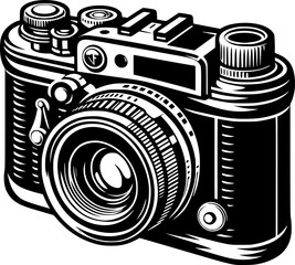 Minimalist black and white vector icon of an old camera. Clean, isolated, scalable, perfect for stickers, logos, or digital use.