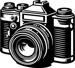 Minimalist black and white vector icon of an old camera. Clean, isolated, scalable, perfect for stickers, logos, or digital use.