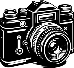 Minimalist black and white vector icon of an old camera. Clean, isolated, scalable, perfect for stickers, logos, or digital use.