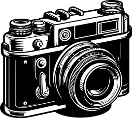 Minimalist black and white vector icon of an old camera. Clean, isolated, scalable, perfect for stickers, logos, or digital use.