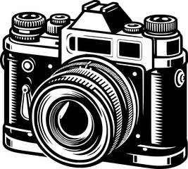 Minimalist black and white vector icon of an old camera. Clean, isolated, scalable, perfect for stickers, logos, or digital use.