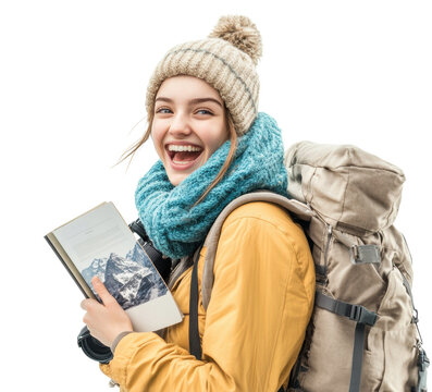 Happy female hiker with map and winter outfit
 - Powered by Adobe