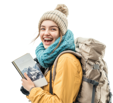 Happy female hiker with map and winter outfit
