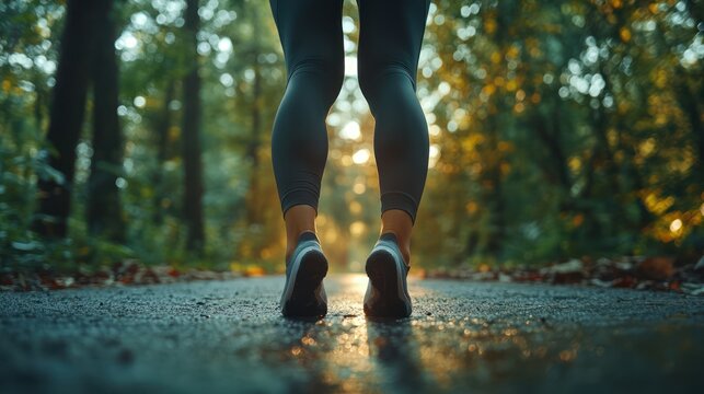 Woman's legs jogging forest path sunrise