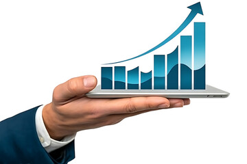 Business growth concept hand holding tablet displaying upward trend financial graph success transparent background