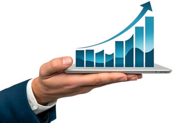 Business growth concept hand holding tablet displaying upward trend financial graph success transparent background