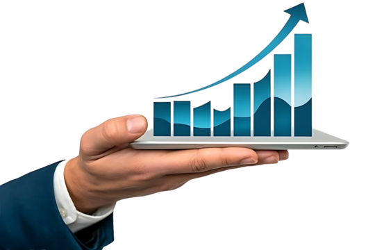 Business growth concept hand holding tablet displaying upward trend financial graph success transparent background