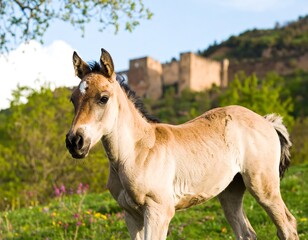 Fototapeta premium Foal in a meadow, castle in the background