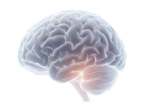 Futuristic glowing brain with neural pathways and cognitive network on transparent background.