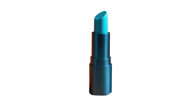 A vibrant turquoise lipstick, rendered in a stylized 3D graphic, with a dark-blue metallic barrel