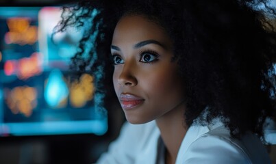 African American female IT professional using AI-powered tools to analyze cybersecurity threats, showcasing her expertise in digital data security, Generative AI