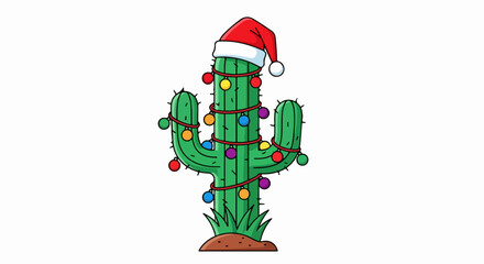 A festive cartoon saguaro cactus decorated for Christmas with a Santa hat and colorful string lights. © tere