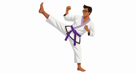 Young Man in White Karate Gi Performing a High Side Kick with Purple Belt.