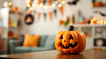 Halloween pumpkin on table with blurred festive decorations in cozy living room background, seasonal autumn holiday scene with empty space for product display montage