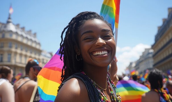 African American woman joyfully waving a rainbow flag at a pride parade in Paris, celebrating inclusion, equality, and diversity during Pride Month, Generative AI