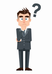 Cartoon Businessman Pondering with a Question Mark Above His Head.