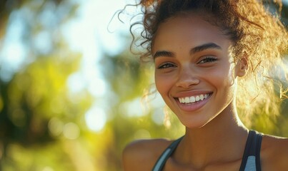 Happy mixed-race woman jogging in a park, enjoying outdoor fitness and healthy living, Generative AI