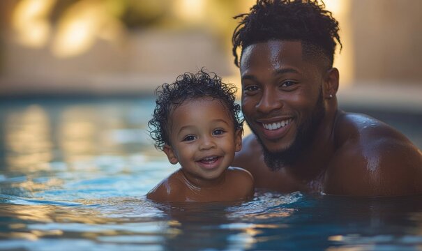 Joyful African American father and his toddler son learning to swim in a swimming pool while on vacation, capturing a bonding moment in water. Father's Day concept with copy space, Generative AI