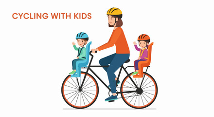 Fototapeta premium Father cycling with two children in child seats on a bicycle.