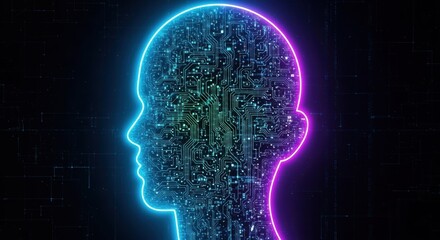 Obraz premium Neon Human Head Filled with Data Digital Mind Concept