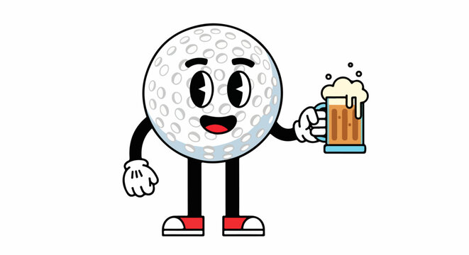 Happy Golf Ball Cartoon Character with Beer.