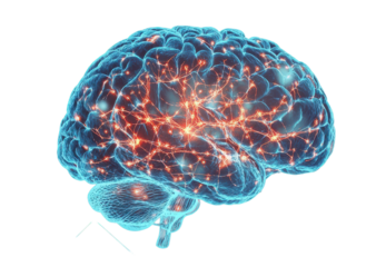 Futuristic glowing brain with neural circuits symbolizing advanced thinking on transparent background.