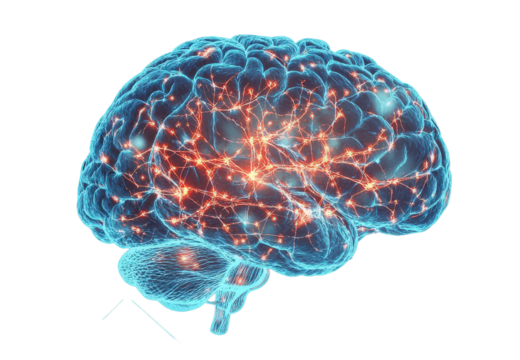 Futuristic glowing brain with neural circuits symbolizing advanced thinking on transparent background. - Powered by Adobe