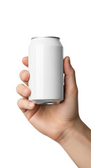 Hand holding a white beverage can isolated on transparent background