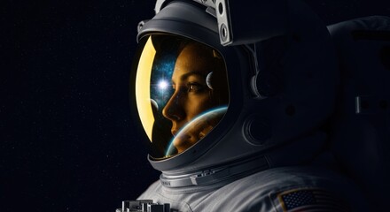 Fototapeta premium Astronaut Woman Wearing Space Helmet with Reflection of Earth and Stars in Outer Space