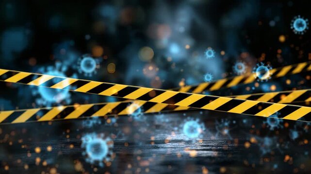 A yellow and black line with a lot of blue and yellow dots. The dots are in the air. Dramatic dark background with glowing blue pathogen particles and caution tape crossing over, biosecurity