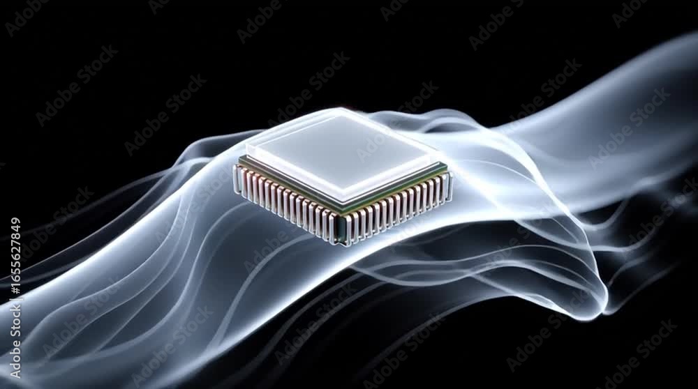Poster futuristic ai chip floating above translucent flowing surface with dark background symbolizing advan