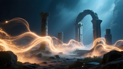 Mystical Ruins Illuminated by Ethereal Light Streams