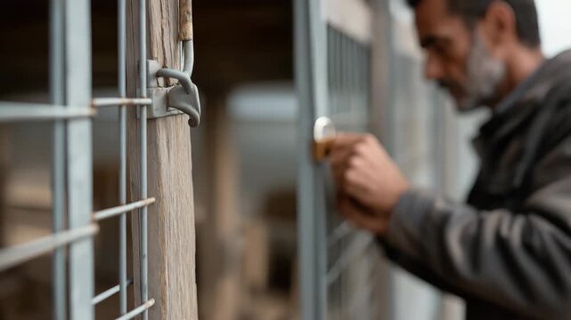 A man is holding a lock and key. He is trying to open a gate. The gate is made of metal. Faceless farmer sealing feed storage with biosecurity lock, biosecurity, agricultural context, closeup