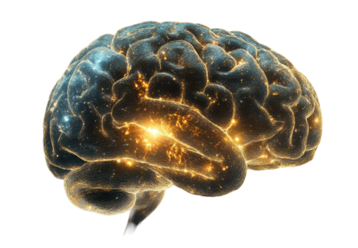 Glowing brain model highlighting neurological activity and advanced thought on transparent background.