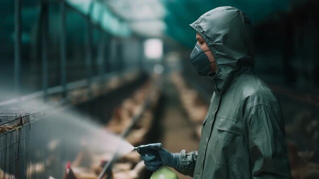 A man wearing a green jacket and a mask spraying something. Faceless farmer in PPE spraying disinfectant in chicken farm, biosecurity protocol, biosecurity, muted green tones