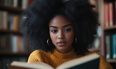 Young African American female school student reading a book and studying in the library. Promoting inclusion and diversity in education during World Book Day, Generative AI