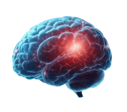 Glowing anatomical brain with highlighted neural pathways symbolizing knowledge and awareness on transparent background.